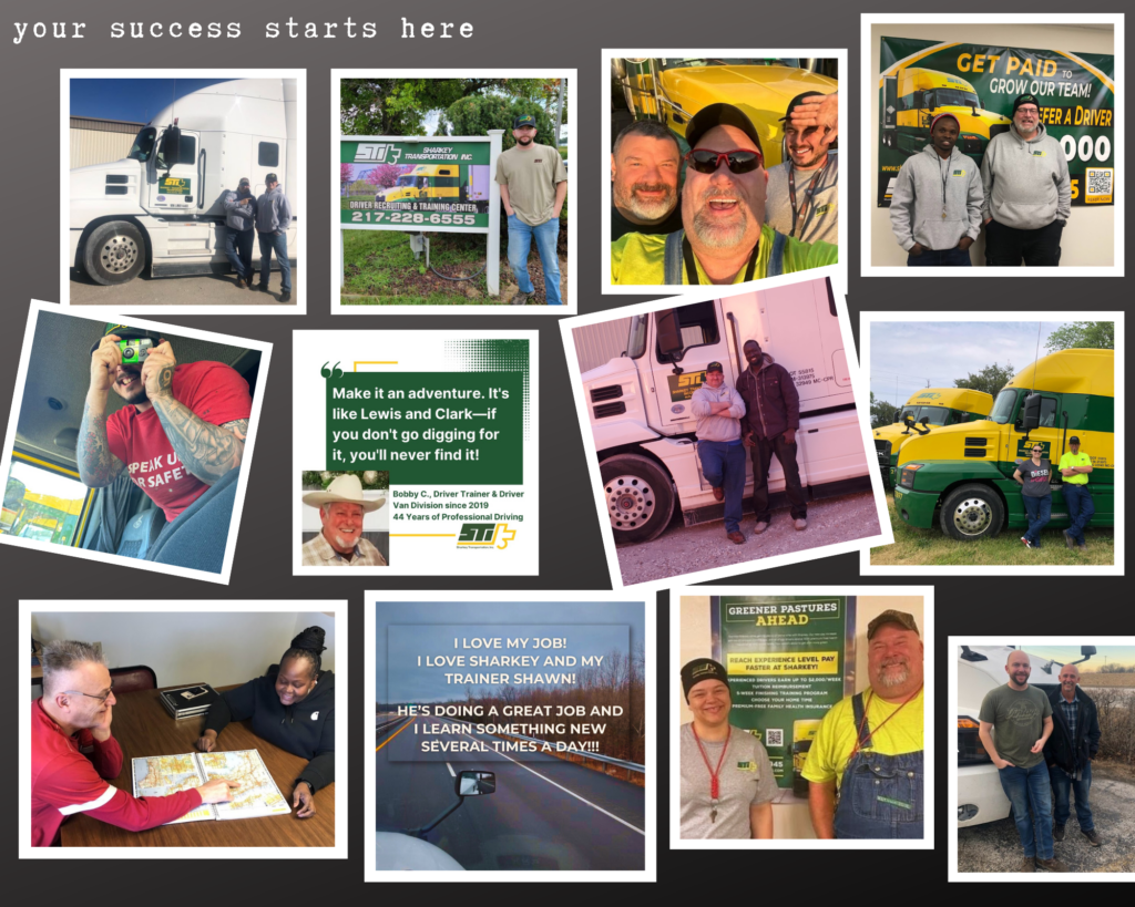 A collage of photos showing Sharkey Transportation OTR Driver Training Program experiences with driver trainees, driver trainers, and graduates of the program.